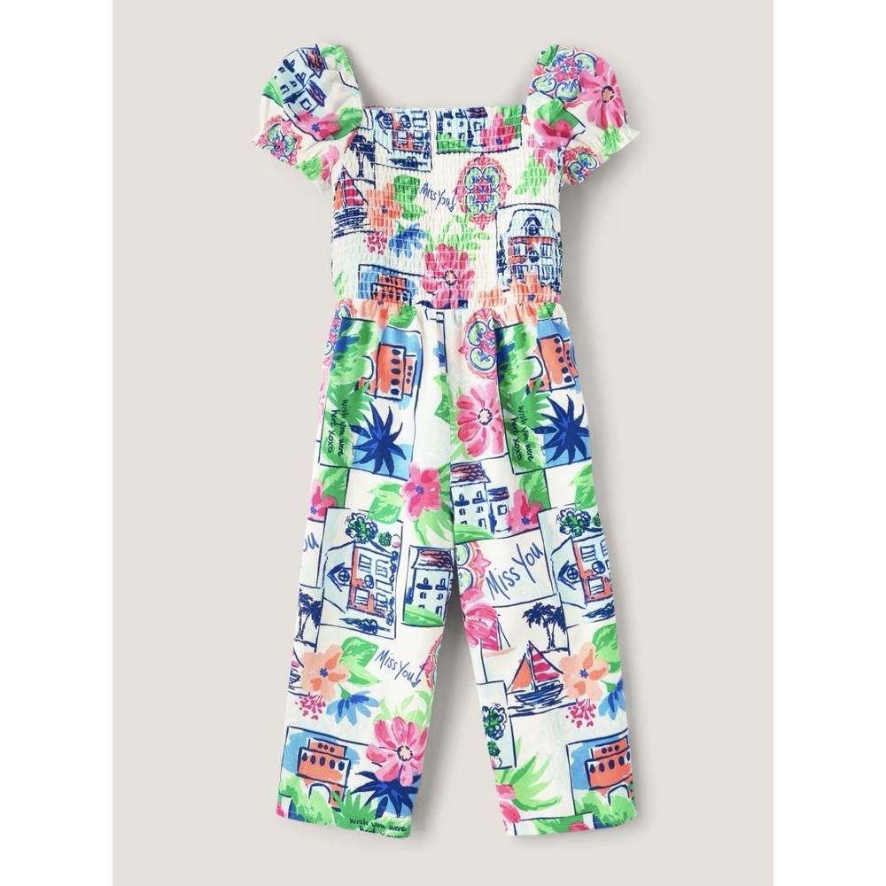 Size 6 BV Girls Smocked  Jumper Suit Colorful Graphic Print Summer Casual Wear
